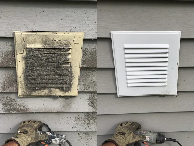 East Windsor Dryer Vent Cleaning technician installing high-quality dryer vent cover at a residential property in East Windsor