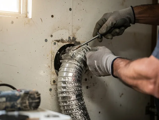 East Windsor Dryer Vent Cleaning technician performing precise dryer vent hose installation in East Windsor